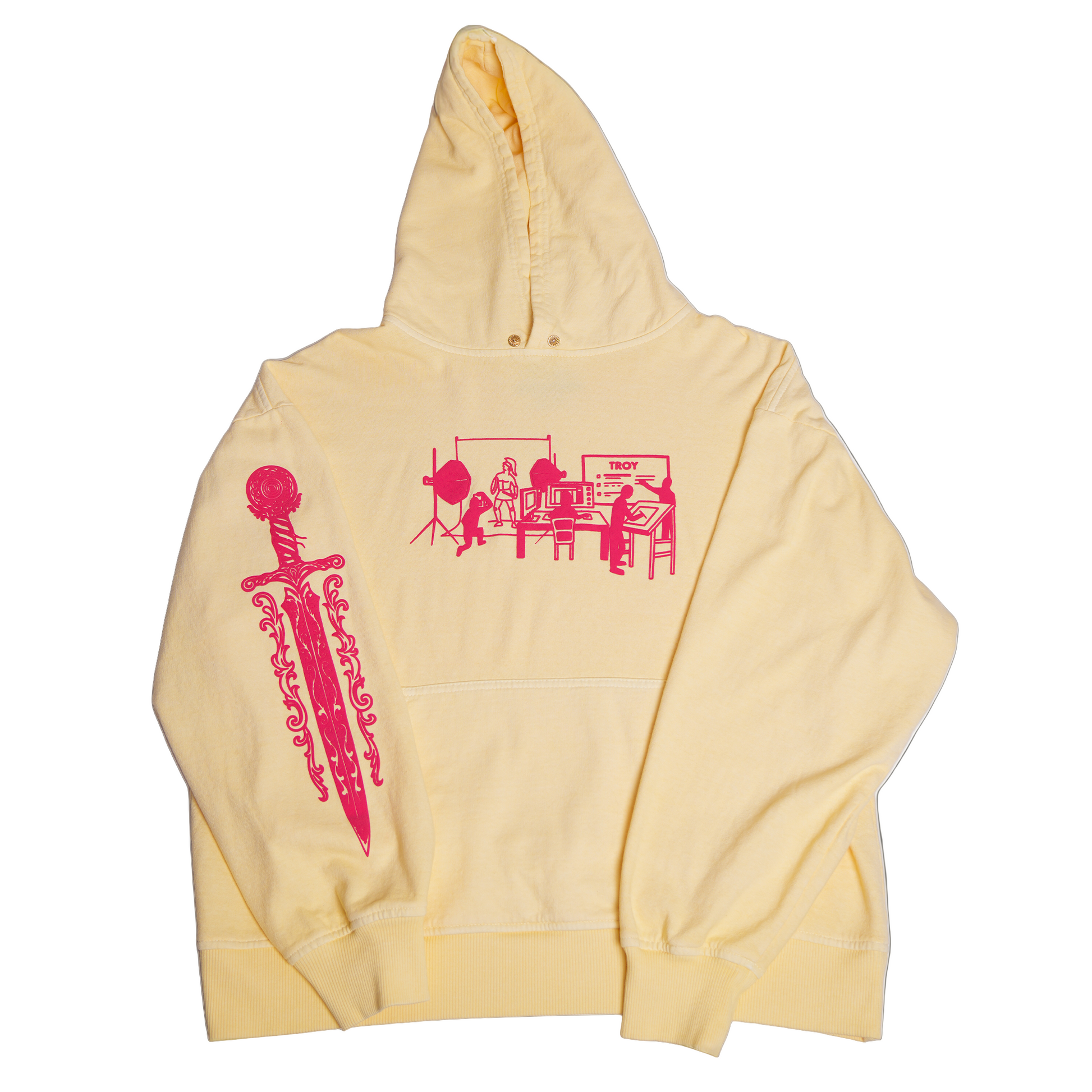 Yellow hoodie with pink graphic design on a light gray background